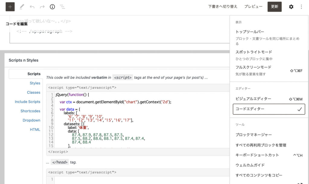 「Scripts n Styles」のエディタ